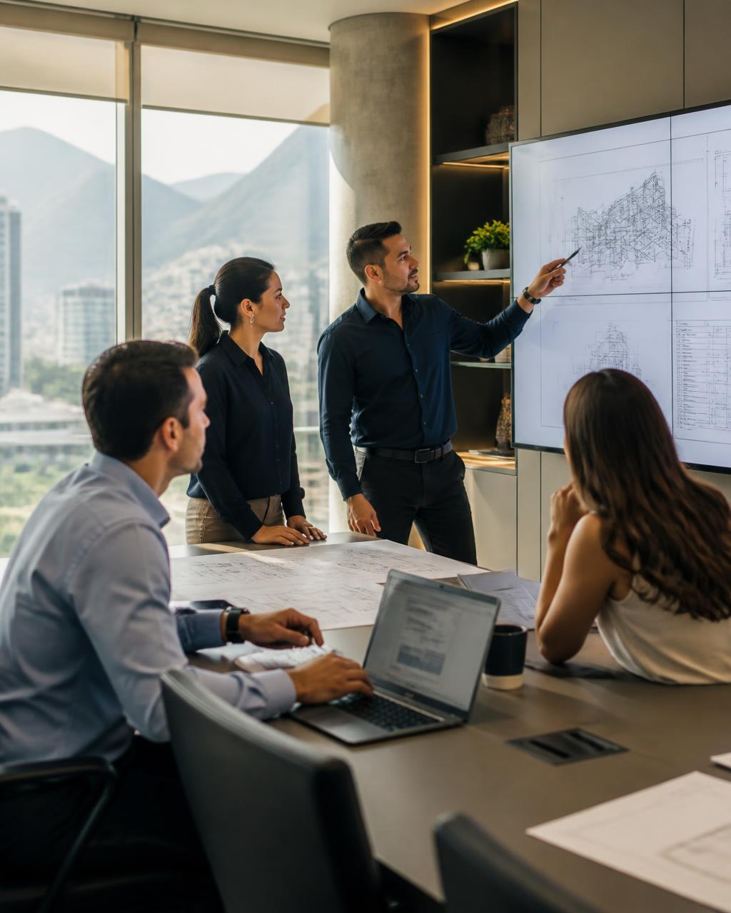 Bilingual professional team reviewing engineering plans in a Monterrey, Mexico office
